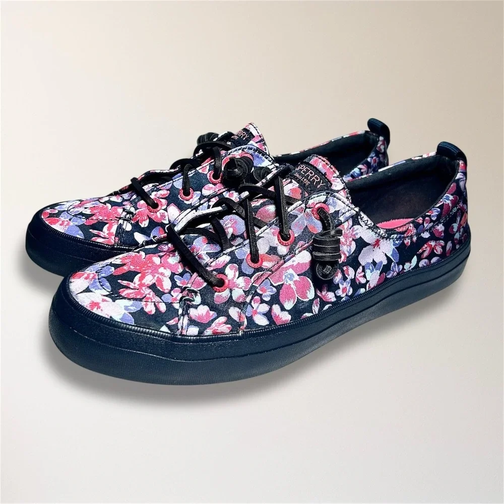 Sperry Crest Vibe 9.5 Floral Canvas Sneakers Pink Blue‎ Lace Up Casual STS87000